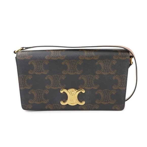 CELINE Triomphe Trapeze Shoulder Clutch Bag PVC Leather Black - Picture 1 of 11